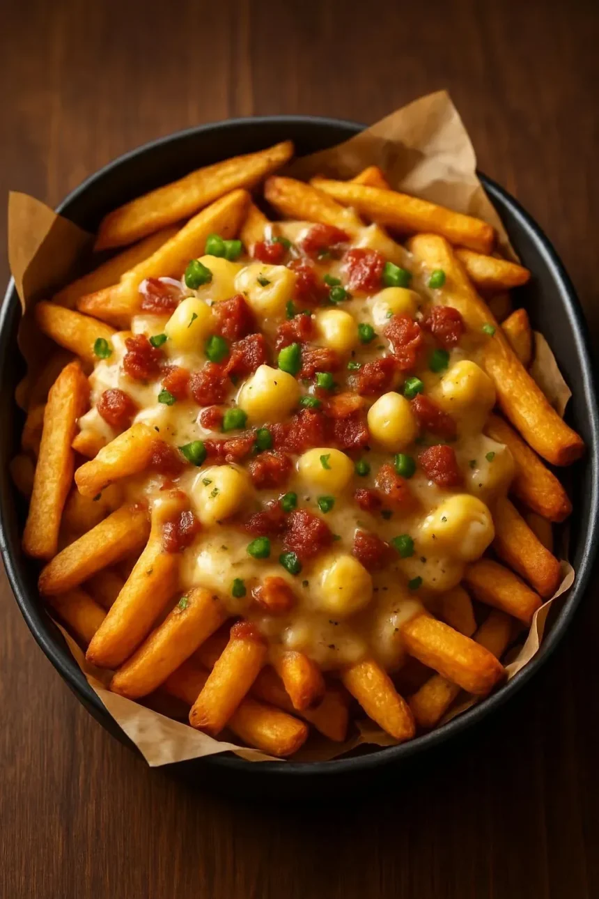 Loaded cheese curds fries topped with savory toppings for a delicious treat.