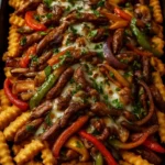 Loaded Philly Cheesesteak Fries topped with beef and cheese in a bowl