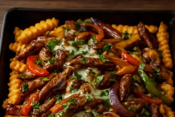 Loaded Philly Cheesesteak Fries topped with beef and cheese in a bowl