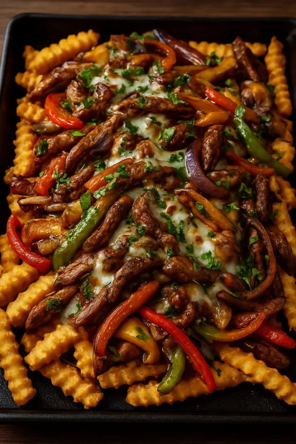 Loaded Philly Cheesesteak Fries topped with beef and cheese in a bowl