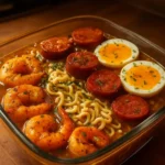 Bowl of loaded shrimp ramen garnished with fresh vegetables and spices