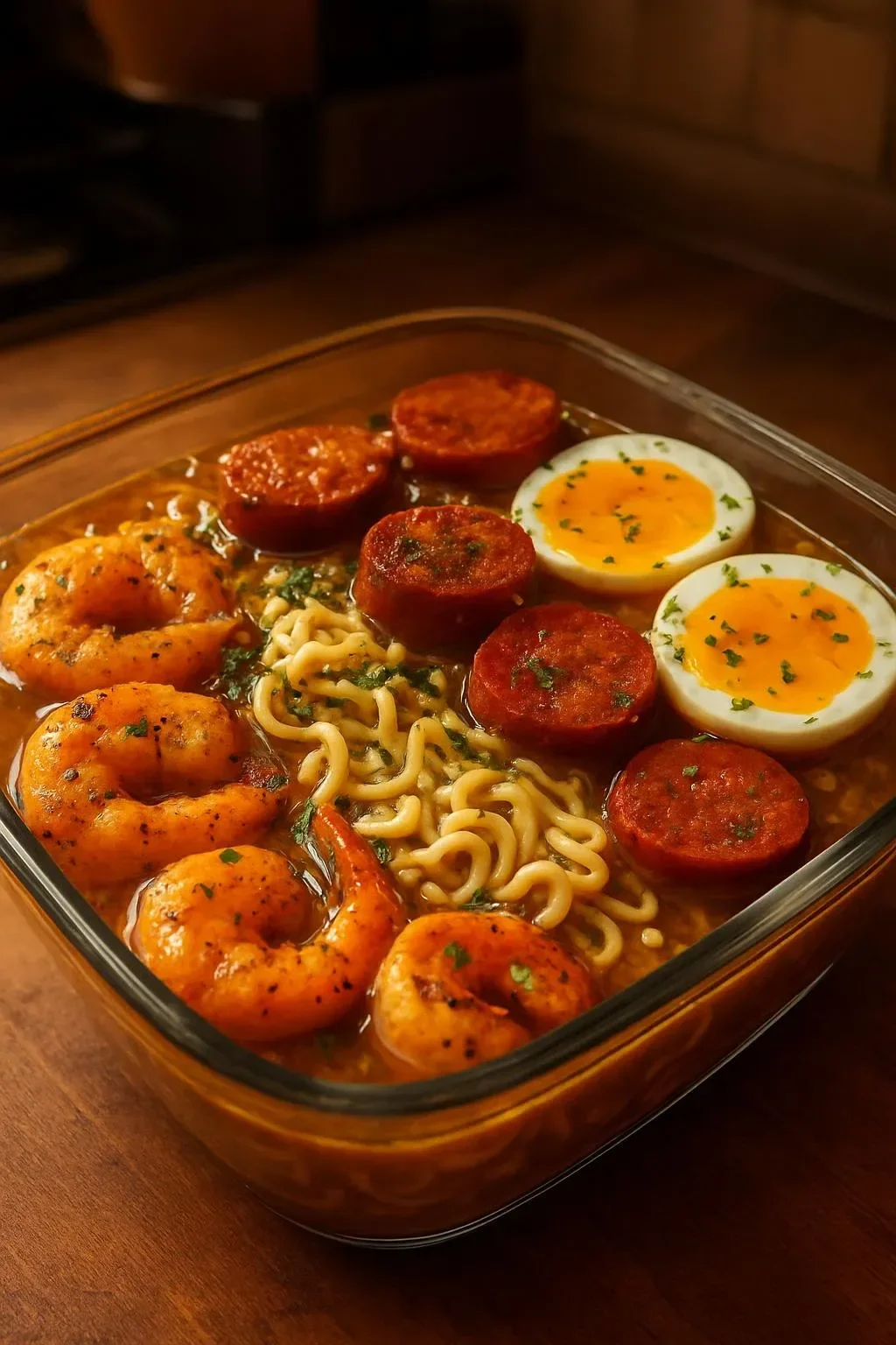 Bowl of loaded shrimp ramen garnished with fresh vegetables and spices