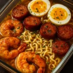 Delicious Loaded Shrimp Ramen bowl topped with fresh shrimp, herbs, and spices.