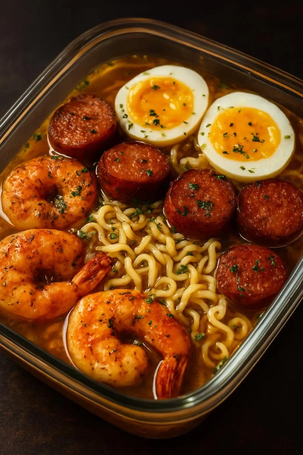 Delicious Loaded Shrimp Ramen bowl topped with fresh shrimp, herbs, and spices.