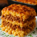 Delicious Mac and Cheese Meatloaf Casserole served in a dish