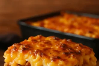 Delicious Mac and Cheese Meatloaf Casserole served in a dish