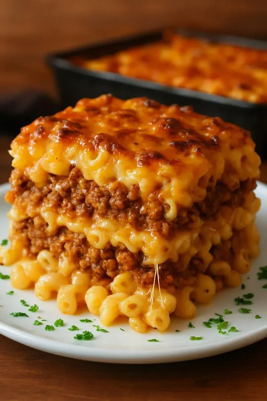 Delicious Mac and Cheese Meatloaf Casserole served in a dish