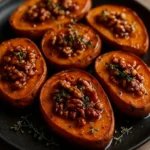 Maple roasted sweet potatoes topped with walnuts and fresh thyme