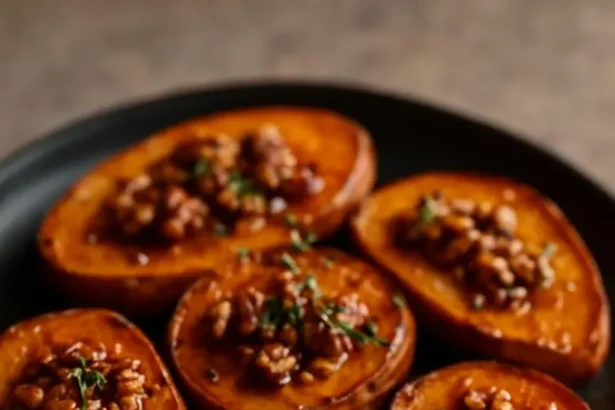 Maple roasted sweet potatoes topped with walnuts and fresh thyme