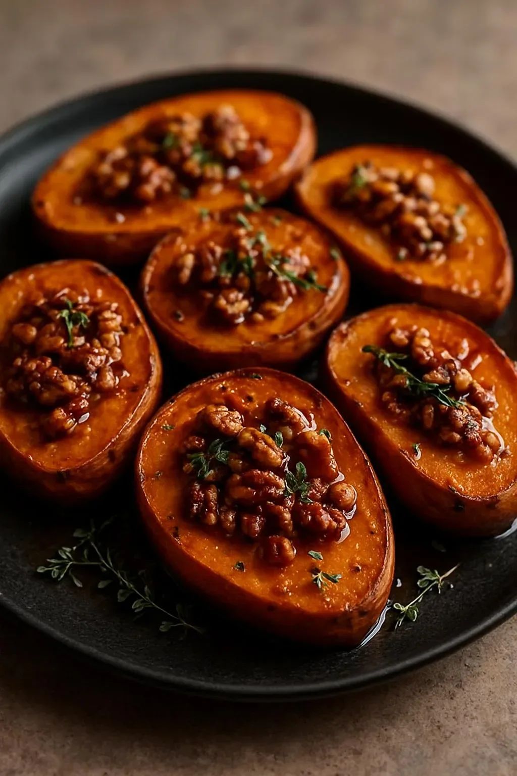 Maple roasted sweet potatoes topped with walnuts and fresh thyme