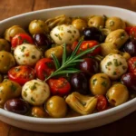 A vibrant platter of marinated mozzarella balls, artichokes, and olives garnished with herbs.
