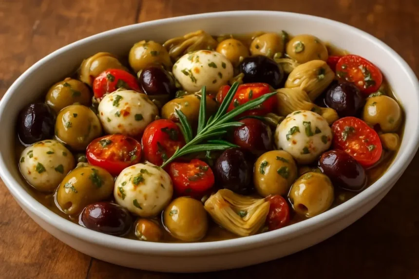 A vibrant platter of marinated mozzarella balls, artichokes, and olives garnished with herbs.