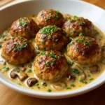 Delicious Meatball Stroganoff with creamy sauce served in a bowl