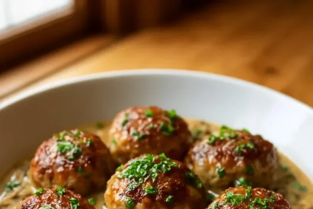 Delicious Meatball Stroganoff with creamy sauce served in a bowl