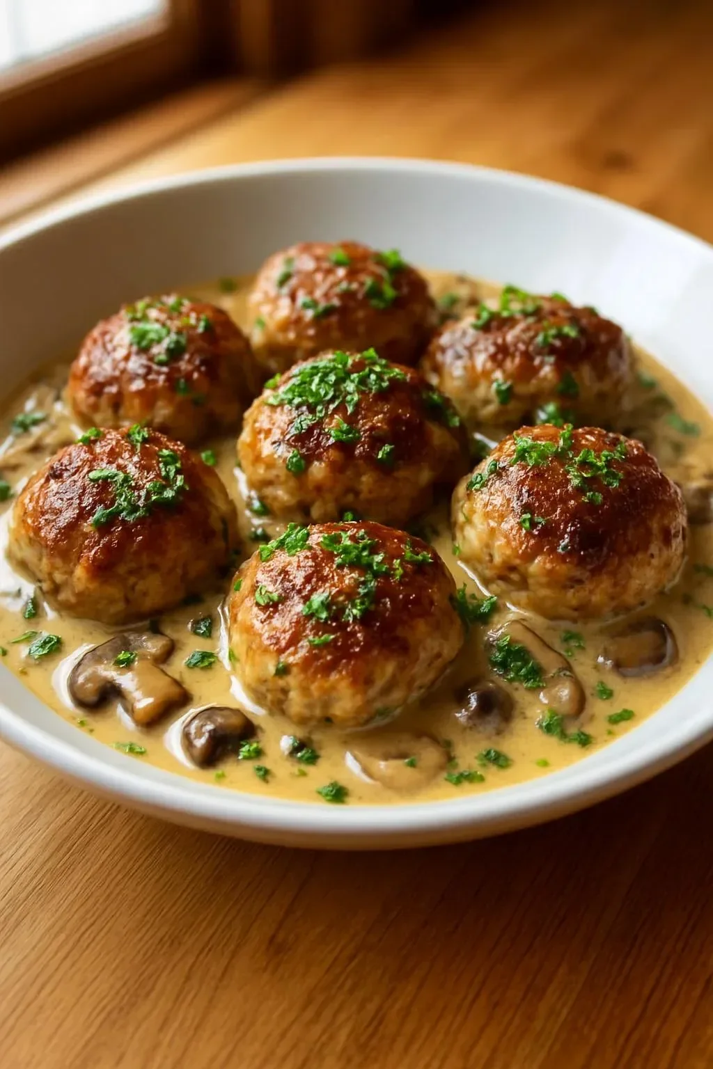 Delicious Meatball Stroganoff with creamy sauce served in a bowl