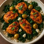 Mediterranean Chicken and Kale Bowl with fresh ingredients and spices.