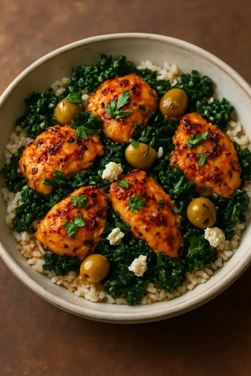 Mediterranean Chicken and Kale Bowl with fresh ingredients and spices.
