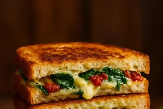 Mediterranean Spinach Grilled Cheese sandwich, a tasty twist on classic grilled cheese.