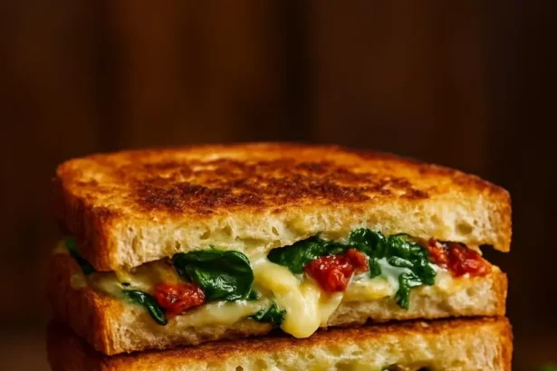 Mediterranean Spinach Grilled Cheese sandwich, a tasty twist on classic grilled cheese.