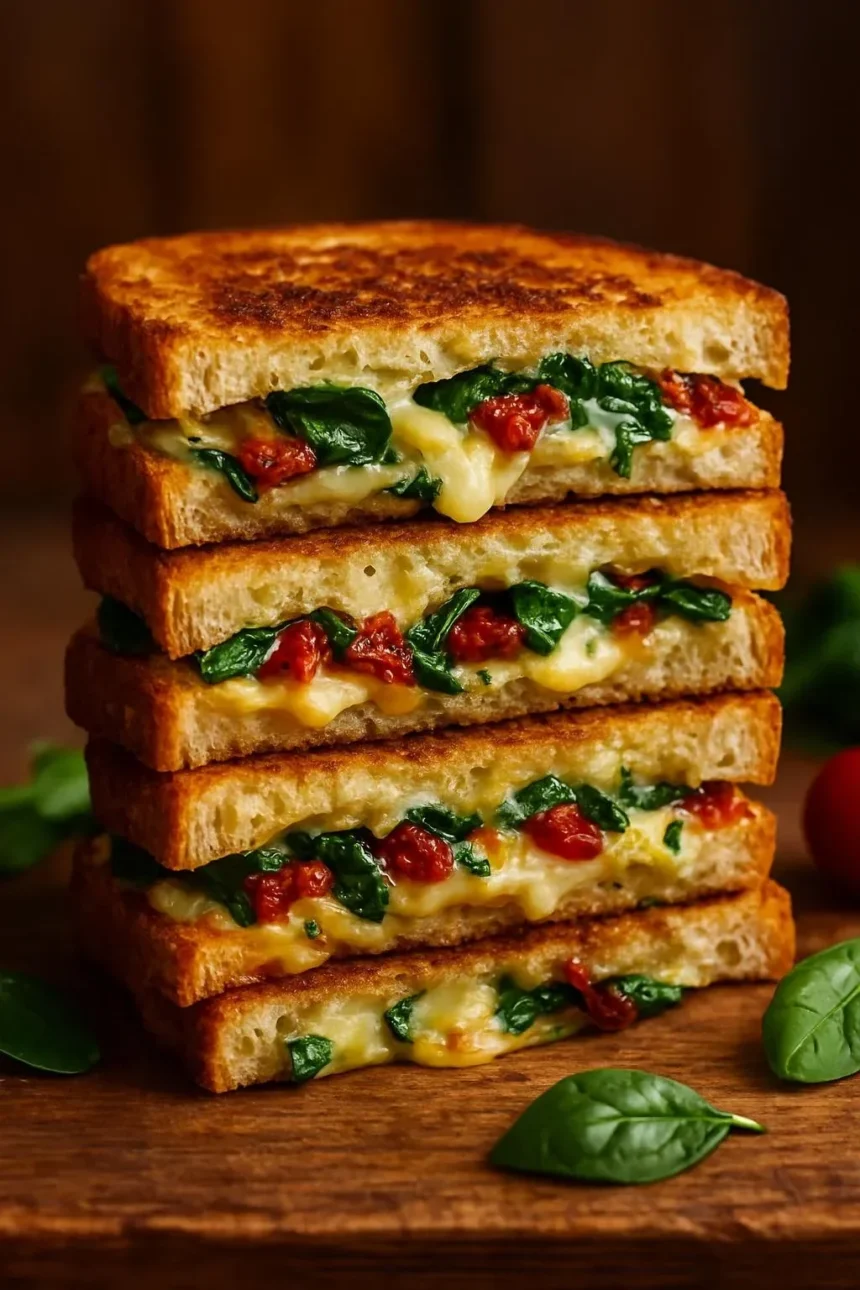 Mediterranean Spinach Grilled Cheese sandwich, a tasty twist on classic grilled cheese.