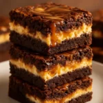 Milky Way caramel cheesecake brownies topped with caramel drizzle and chocolate