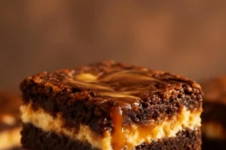 Milky Way caramel cheesecake brownies topped with caramel drizzle and chocolate