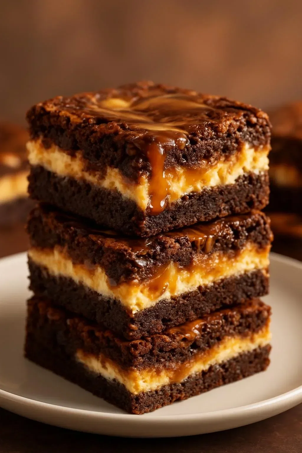Milky Way caramel cheesecake brownies topped with caramel drizzle and chocolate