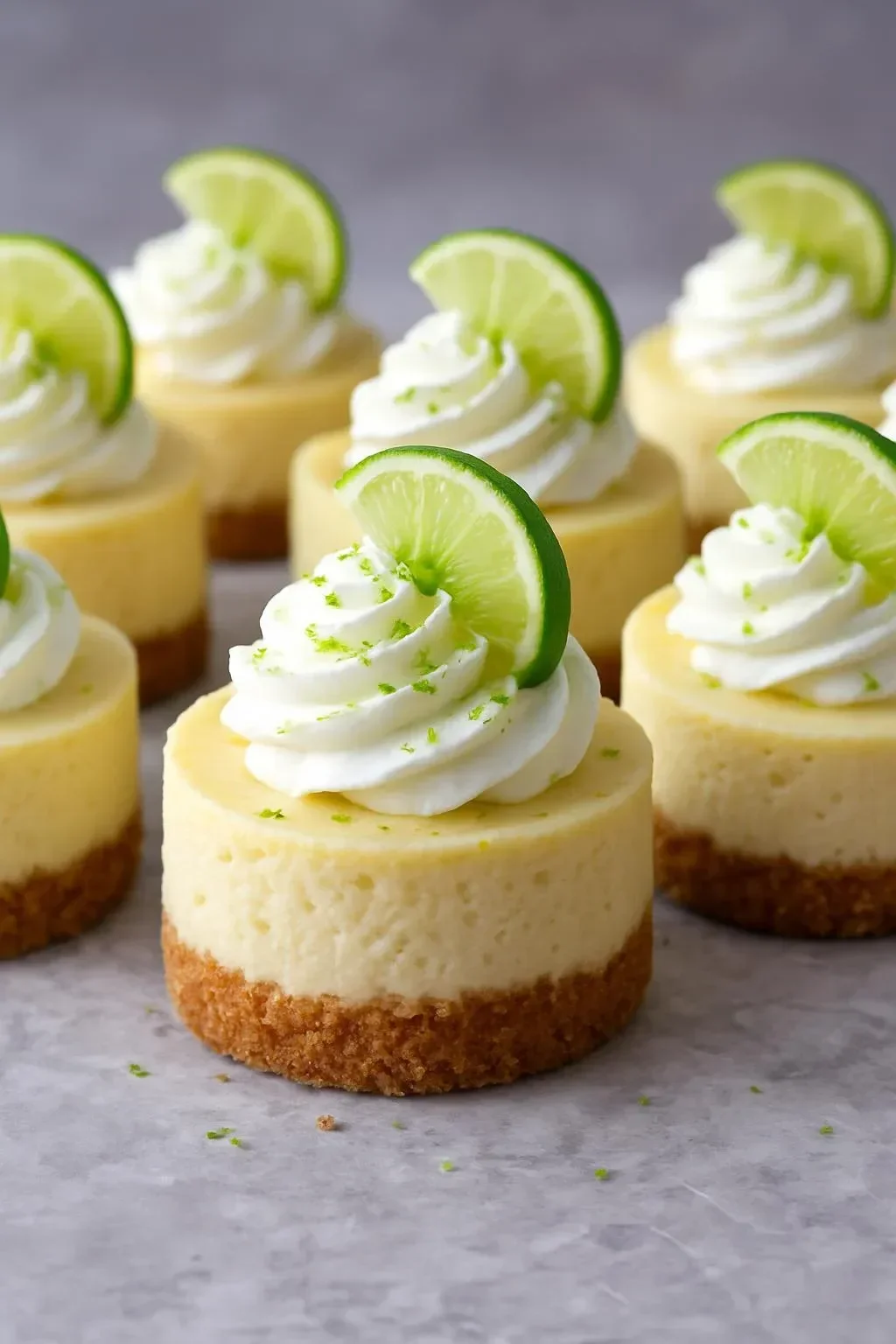 Delicious Mini Key Lime Cheesecakes displayed on a dessert table.