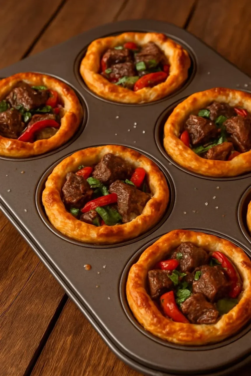 Mini steak and cheese cups served on a platter.