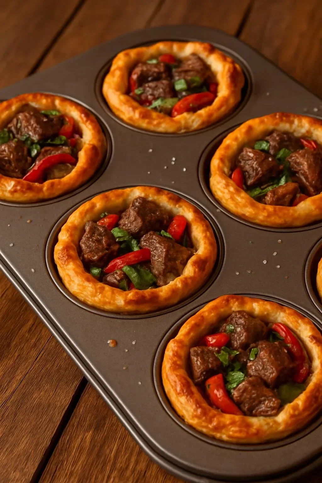Mini steak and cheese cups served on a platter.