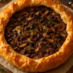 Mushroom and Caramelized Onion Phyllo Tart on a rustic wooden table