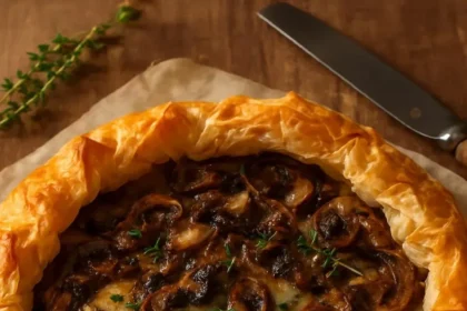 Mushroom and Caramelized Onion Phyllo Tart on a rustic wooden table