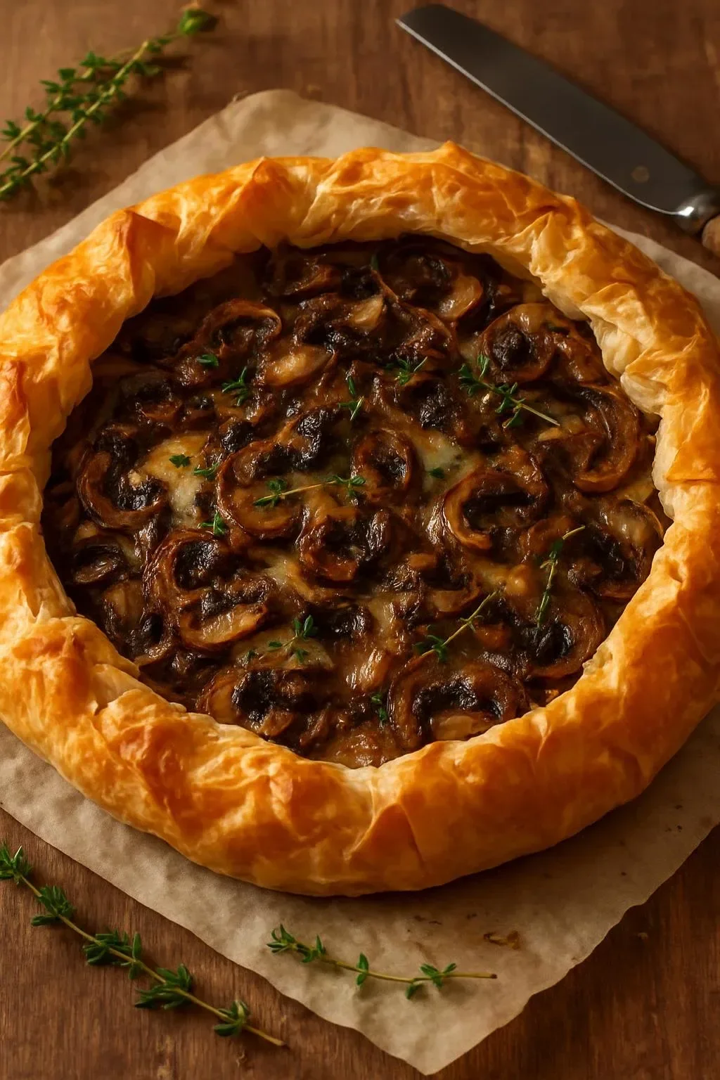 Mushroom and Caramelized Onion Phyllo Tart on a rustic wooden table