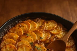Delicious Mushroom, Ground Beef & Lentil Potato Hotpot served in a bowl