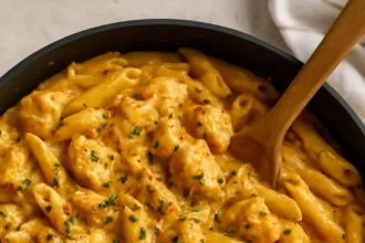 One Pot Cheesy Chicken Pasta dish with creamy sauce and tender chicken