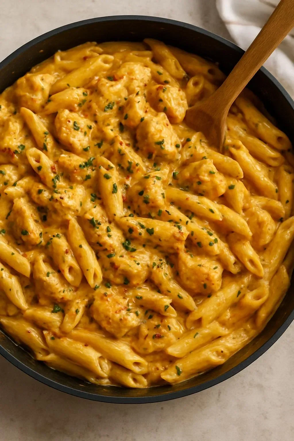 One Pot Cheesy Chicken Pasta dish with creamy sauce and tender chicken