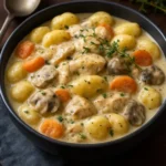 One Pot Gnocchi Chicken Pot Pie served in a rustic dish