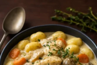 One Pot Gnocchi Chicken Pot Pie served in a rustic dish