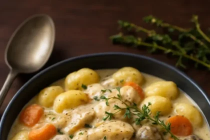 One Pot Gnocchi Chicken Pot Pie served in a rustic dish