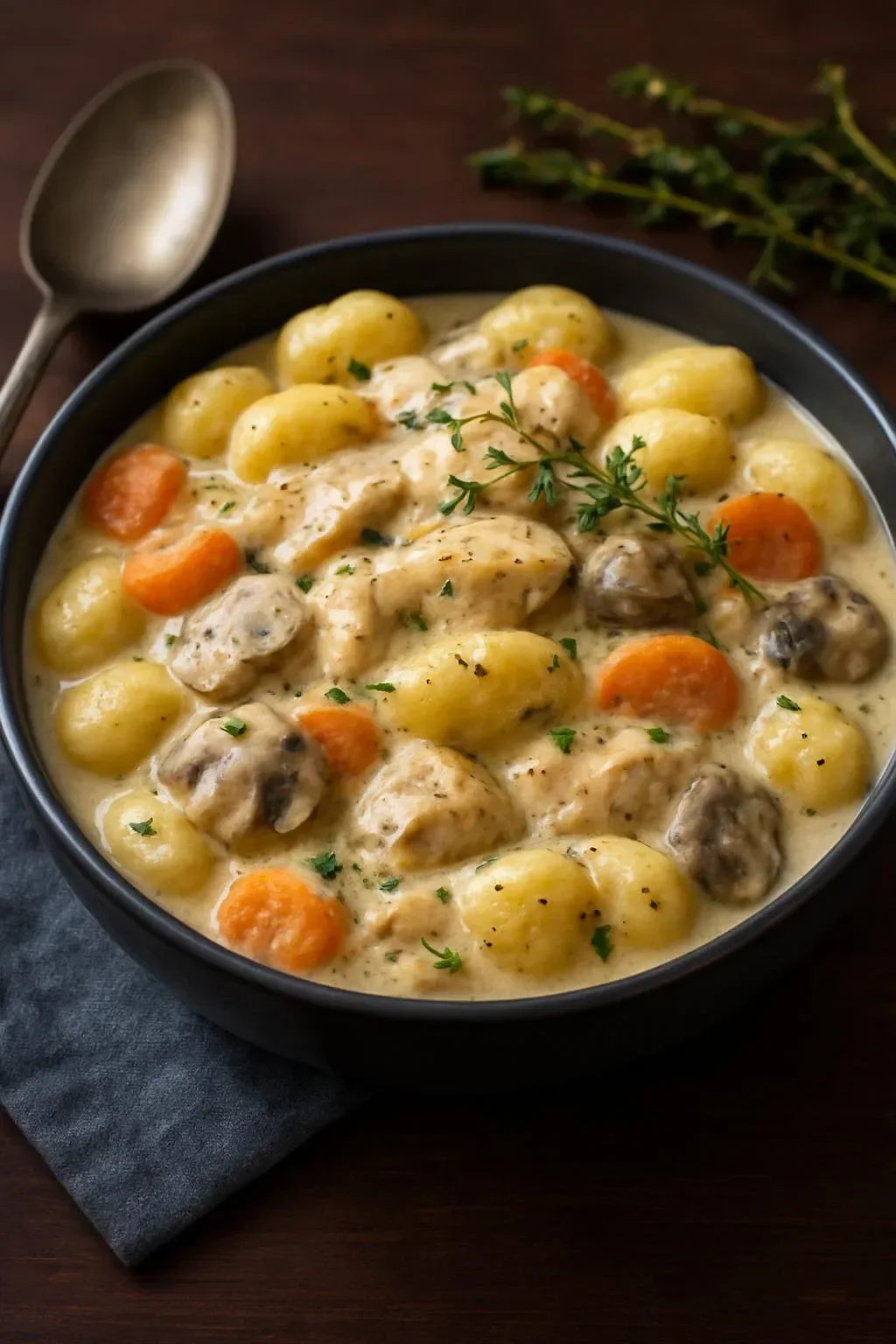 One Pot Gnocchi Chicken Pot Pie served in a rustic dish