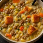 Delicious One Pot Macaroni Cheeseburger Soup served in a bowl