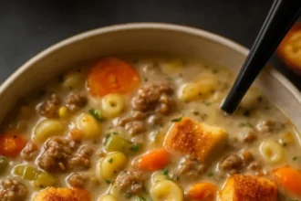 Delicious One Pot Macaroni Cheeseburger Soup served in a bowl