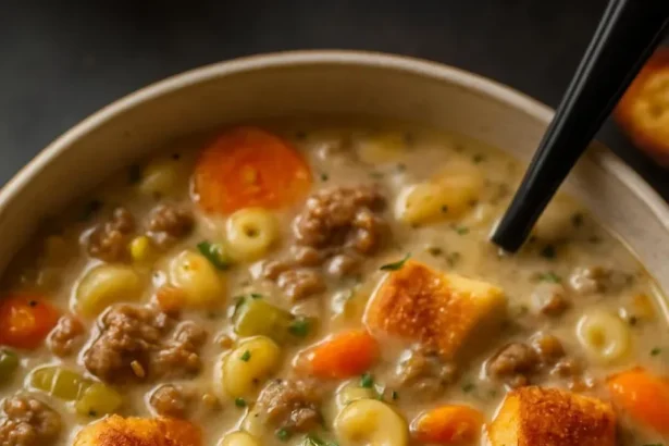 Delicious One Pot Macaroni Cheeseburger Soup served in a bowl