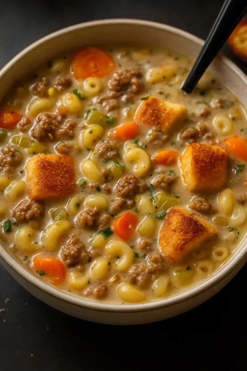 Delicious One Pot Macaroni Cheeseburger Soup served in a bowl
