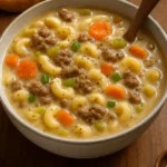 Bowl of creamy one pot macaroni cheeseburger soup topped with cheese and herbs