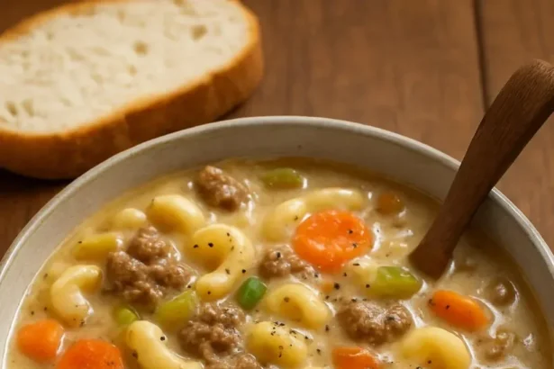 Bowl of creamy one pot macaroni cheeseburger soup topped with cheese and herbs