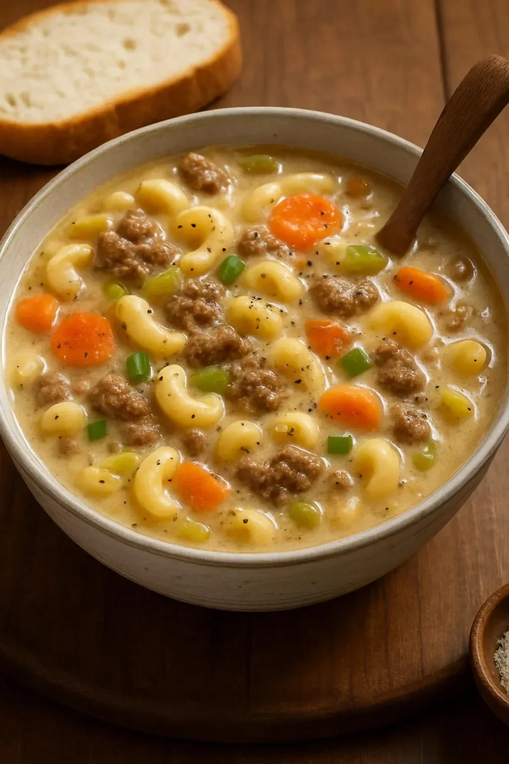 Bowl of creamy one pot macaroni cheeseburger soup topped with cheese and herbs