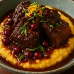 Orange-Cranberry Braised Beef Short Ribs served on a rustic plate