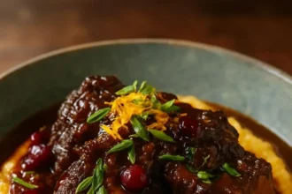 Orange-Cranberry Braised Beef Short Ribs served on a rustic plate