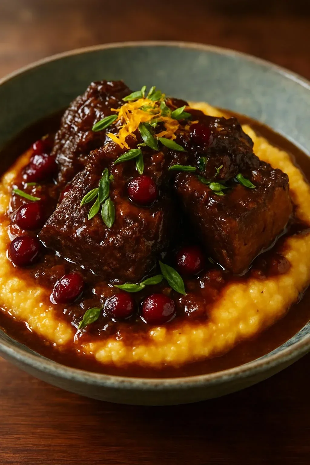 Orange-Cranberry Braised Beef Short Ribs served on a rustic plate